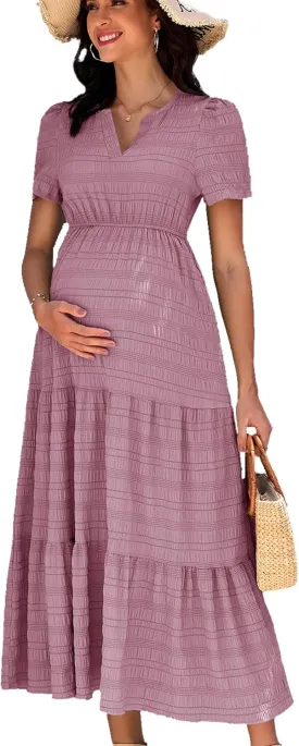 Summer Maxi Maternity Dress Pockets Casual Vacation Boho Baby Shower Short Sleeves A Line Beach Sundress Pregnancy