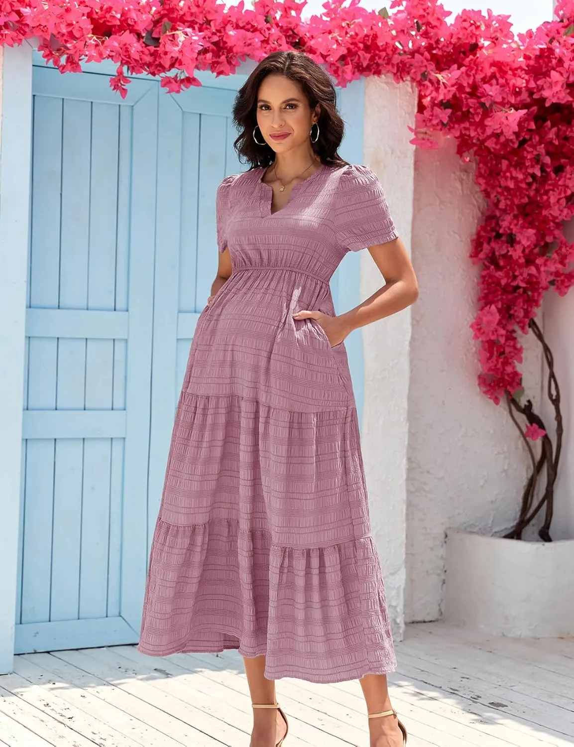 Summer Maxi Maternity Dress Pockets Casual Vacation Boho Baby Shower Short Sleeves A Line Beach Sundress Pregnancy