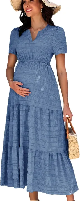 Summer Maxi Maternity Dress Pockets Casual Vacation Boho Baby Shower Short Sleeves A Line Beach Sundress Pregnancy