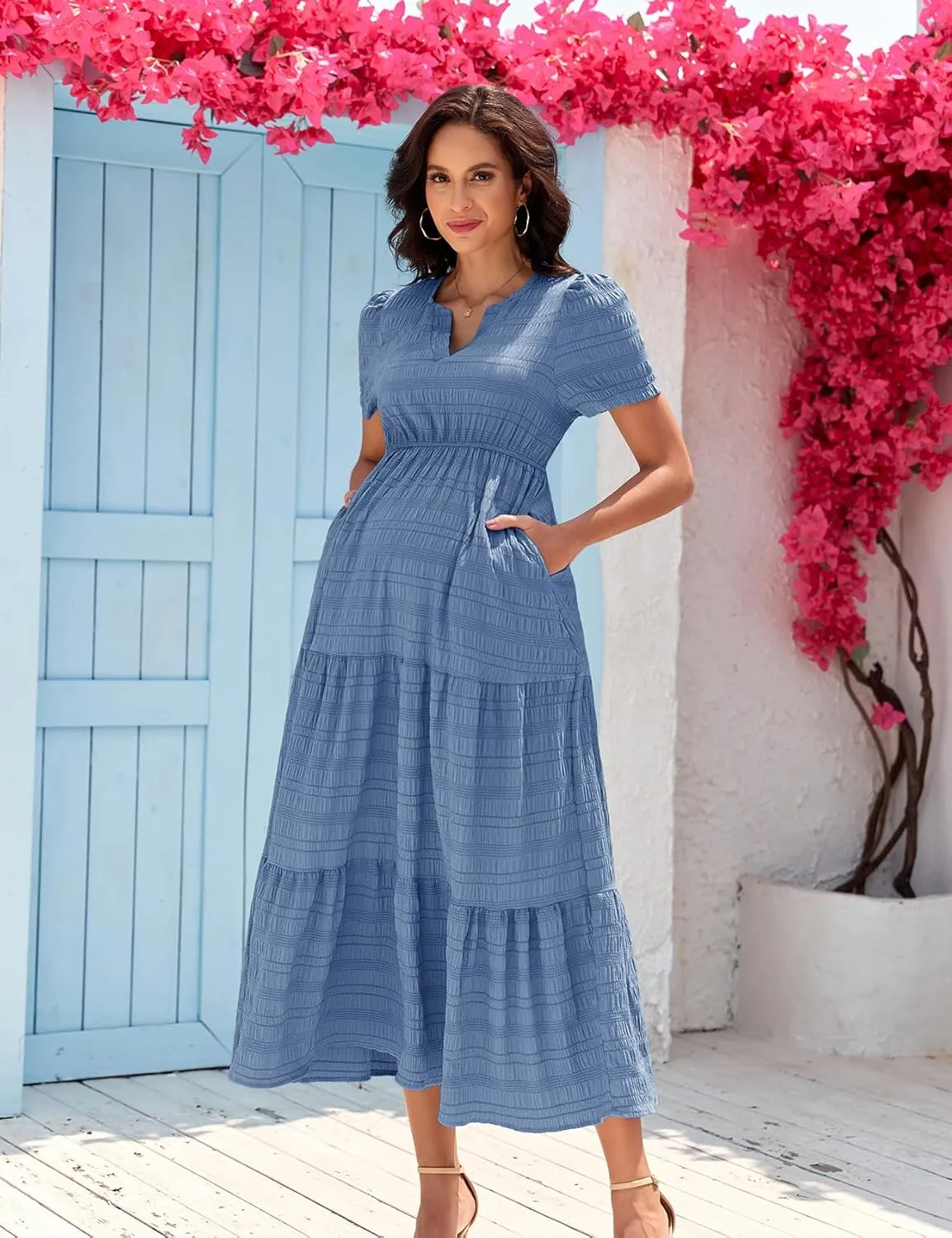 Summer Maxi Maternity Dress Pockets Casual Vacation Boho Baby Shower Short Sleeves A Line Beach Sundress Pregnancy