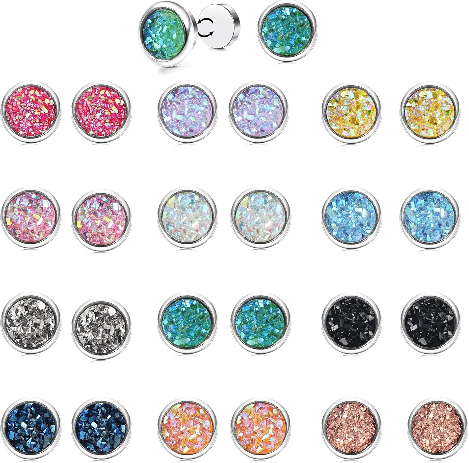 Thunaraz 12Pairs Colorful Magnetic Stud Earrings for Women Men Atheniz Magnetology Lymphvity Germanium Earrings Faux Druzy Stud Earrings Sparkled Non-Pierced Earrings 8mm 10mm