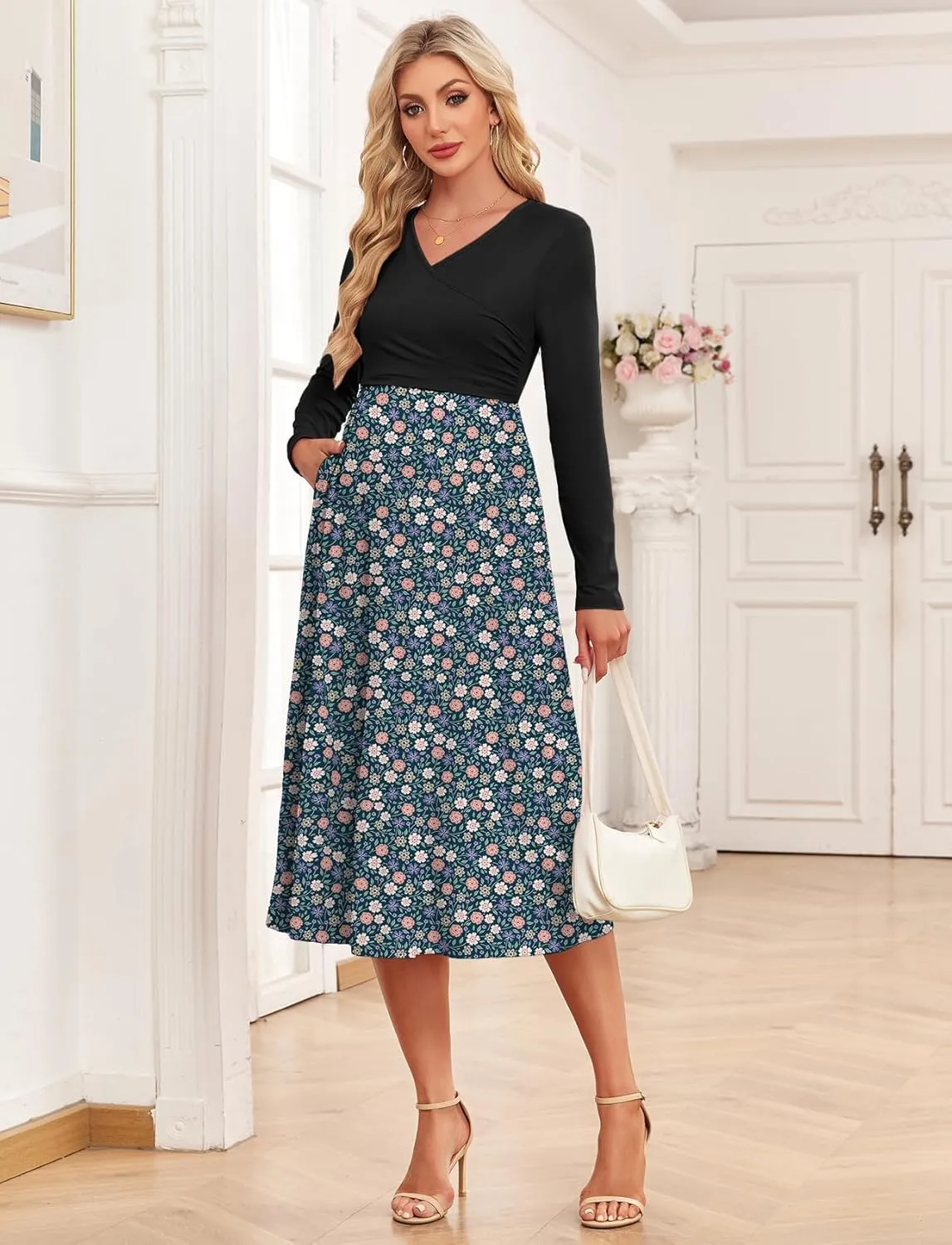 Women's 2024 Fall Patchwork Maternity Nursing Dress with Pockets Long Sleeve V Neck Clothes Midi Pregnancy Dresses