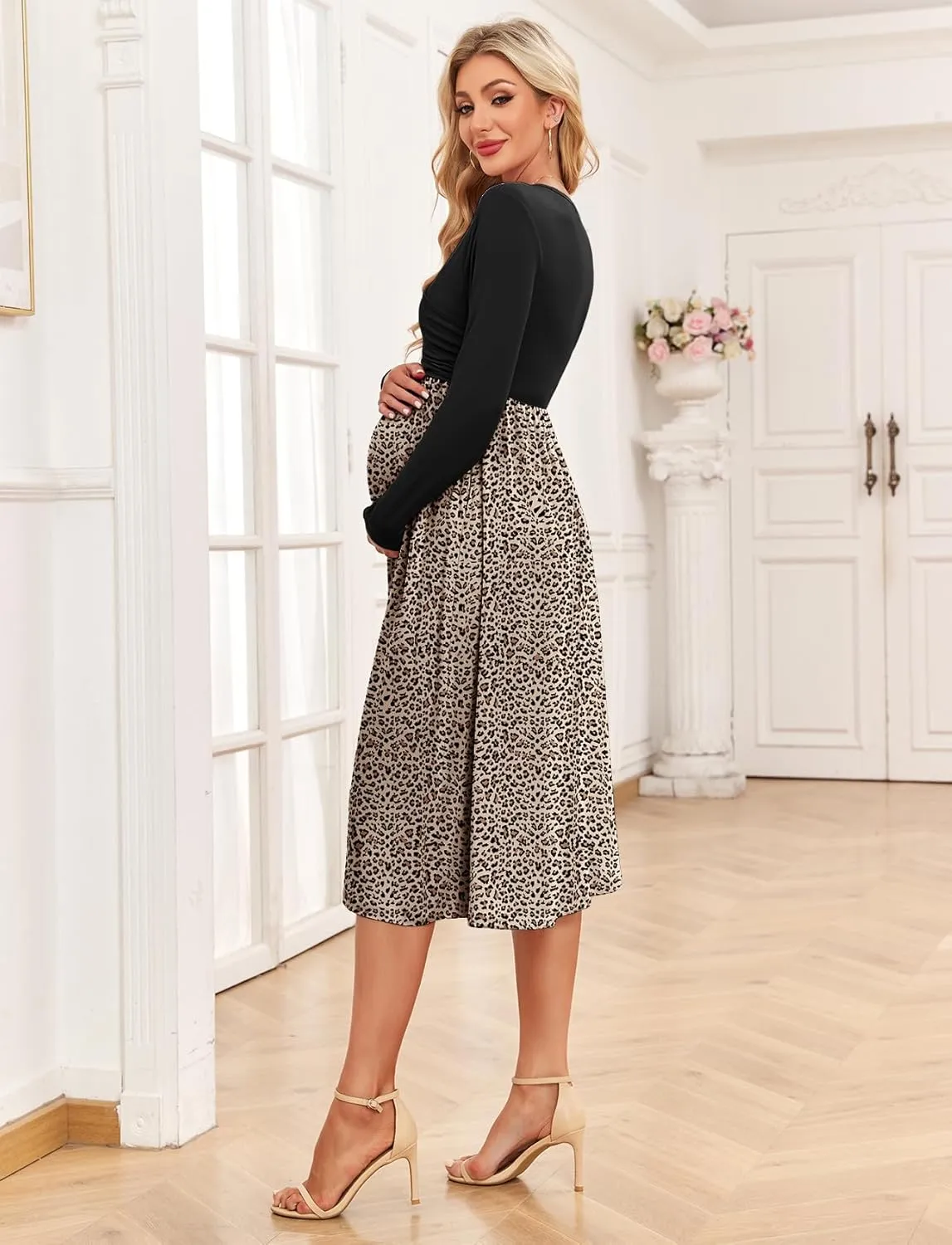 Women's 2024 Fall Patchwork Maternity Nursing Dress with Pockets Long Sleeve V Neck Clothes Midi Pregnancy Dresses