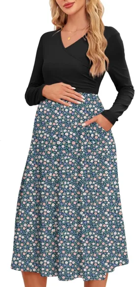 Women's 2024 Fall Patchwork Maternity Nursing Dress with Pockets Long Sleeve V Neck Clothes Midi Pregnancy Dresses
