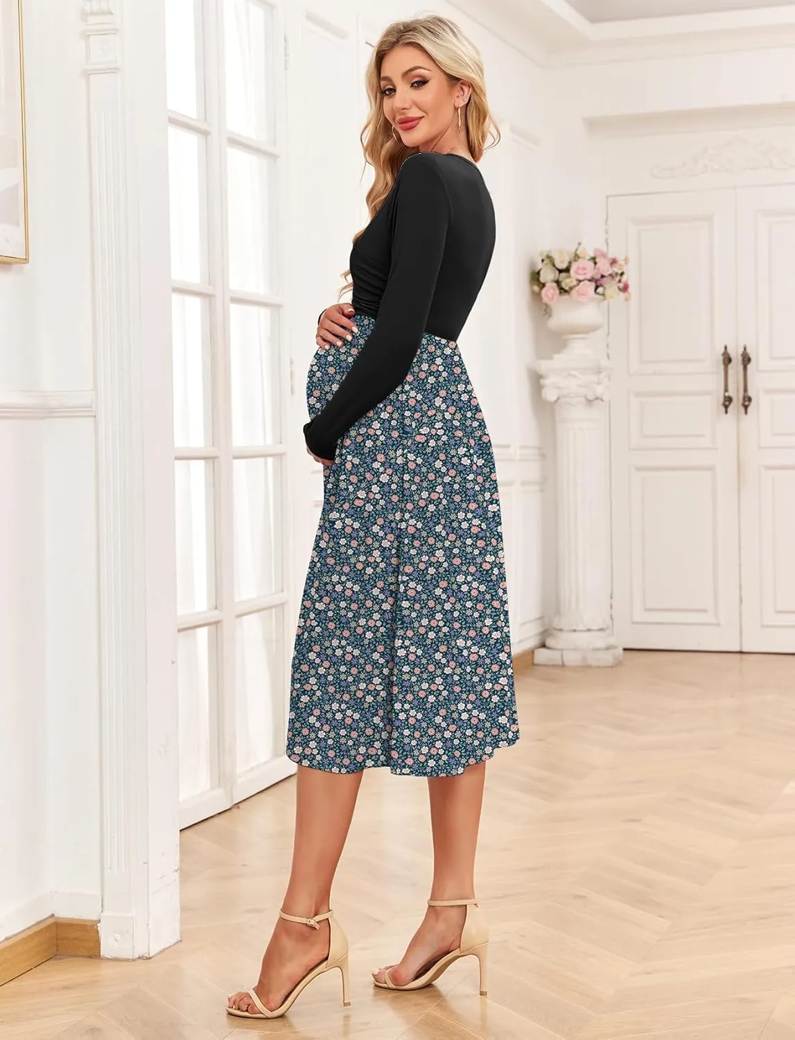 Women's 2024 Fall Patchwork Maternity Nursing Dress with Pockets Long Sleeve V Neck Clothes Midi Pregnancy Dresses