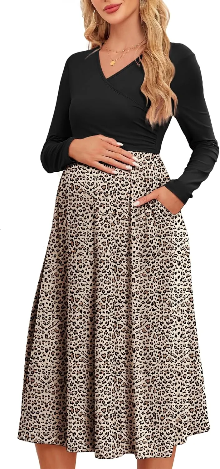 Women's 2024 Fall Patchwork Maternity Nursing Dress with Pockets Long Sleeve V Neck Clothes Midi Pregnancy Dresses