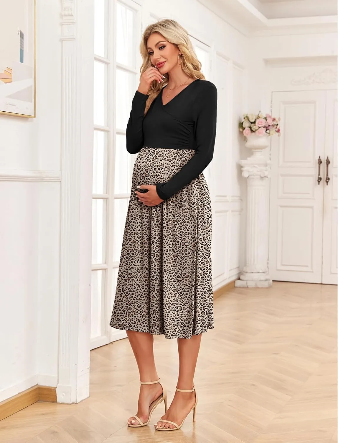 Women's 2024 Fall Patchwork Maternity Nursing Dress with Pockets Long Sleeve V Neck Clothes Midi Pregnancy Dresses