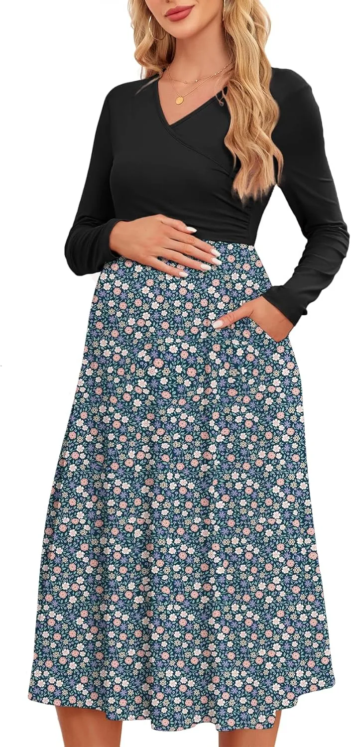 Women's 2024 Fall Patchwork Maternity Nursing Dress with Pockets Long Sleeve V Neck Clothes Midi Pregnancy Dresses