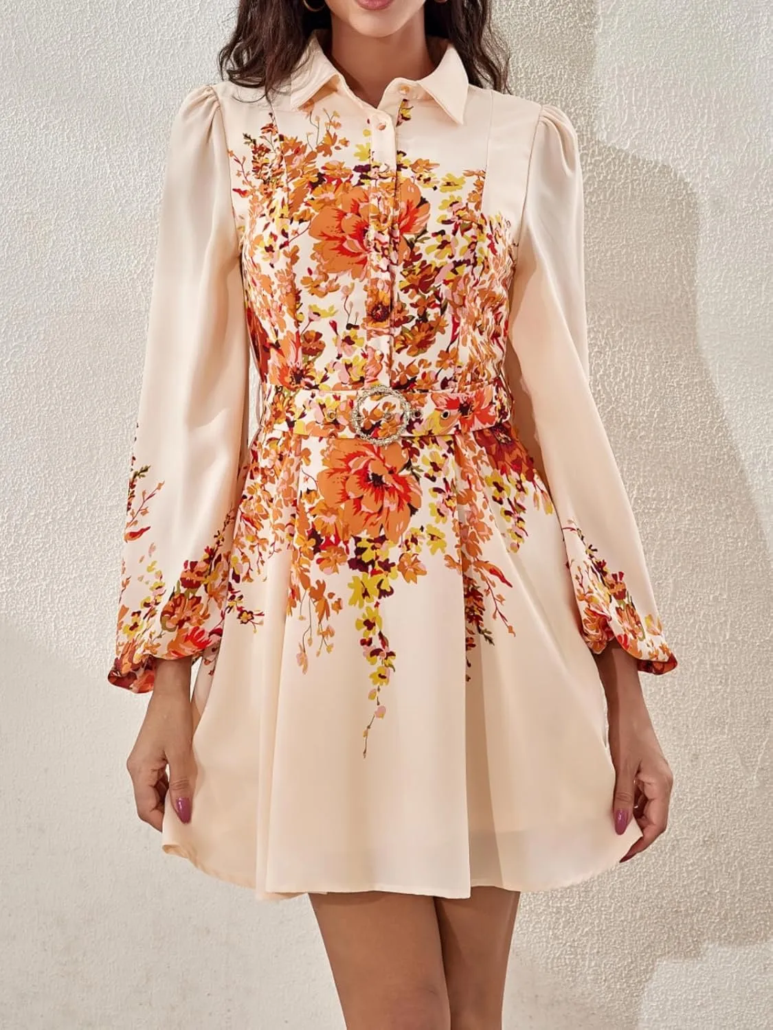 Women's Long Sleeve Summer Button Down A-Line Floral Print Cocktail Shirt Dresses with Belt for Work Vocation