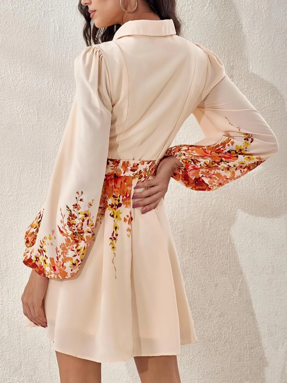 Women's Long Sleeve Summer Button Down A-Line Floral Print Cocktail Shirt Dresses with Belt for Work Vocation