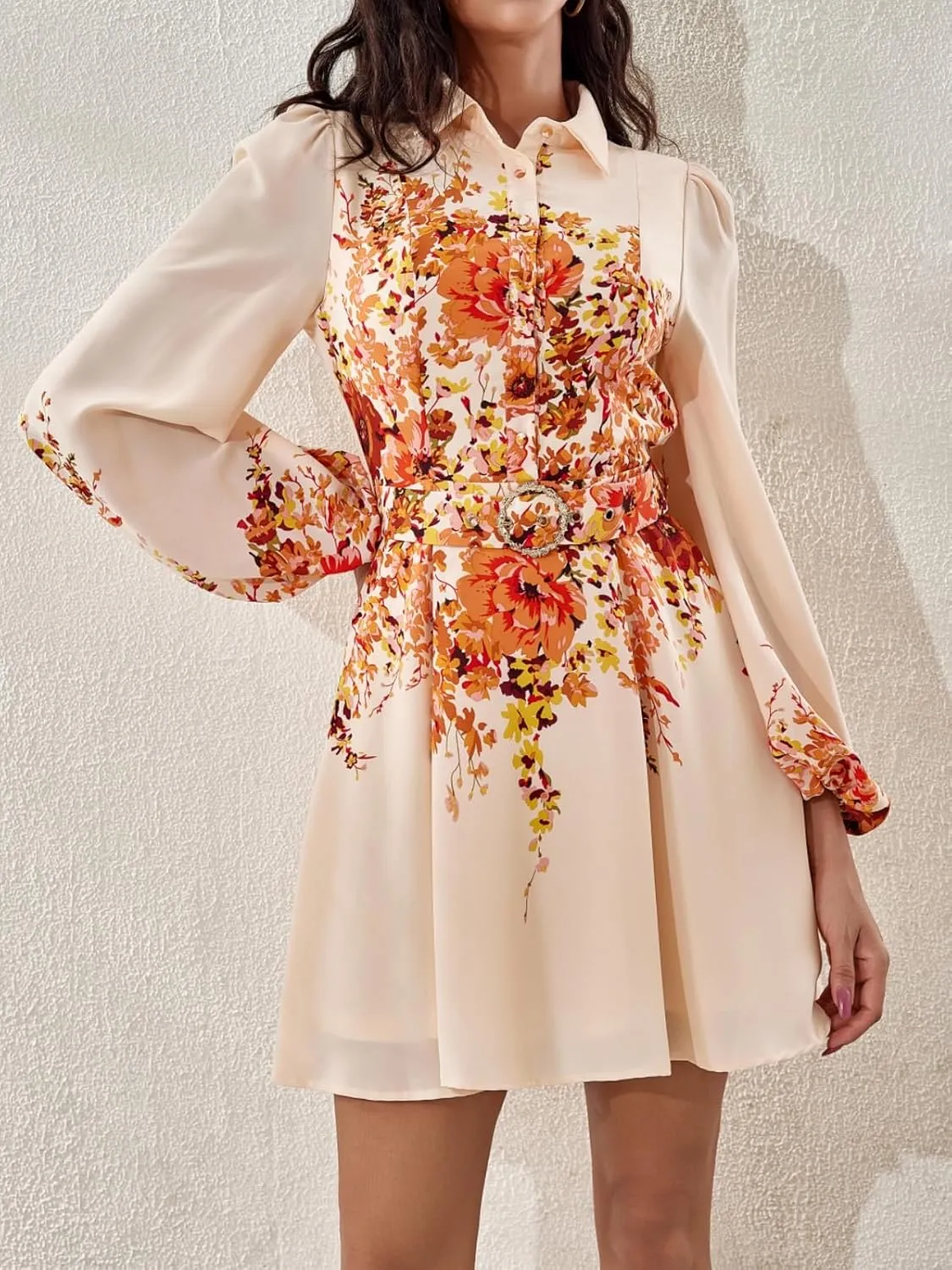 Women's Long Sleeve Summer Button Down A-Line Floral Print Cocktail Shirt Dresses with Belt for Work Vocation
