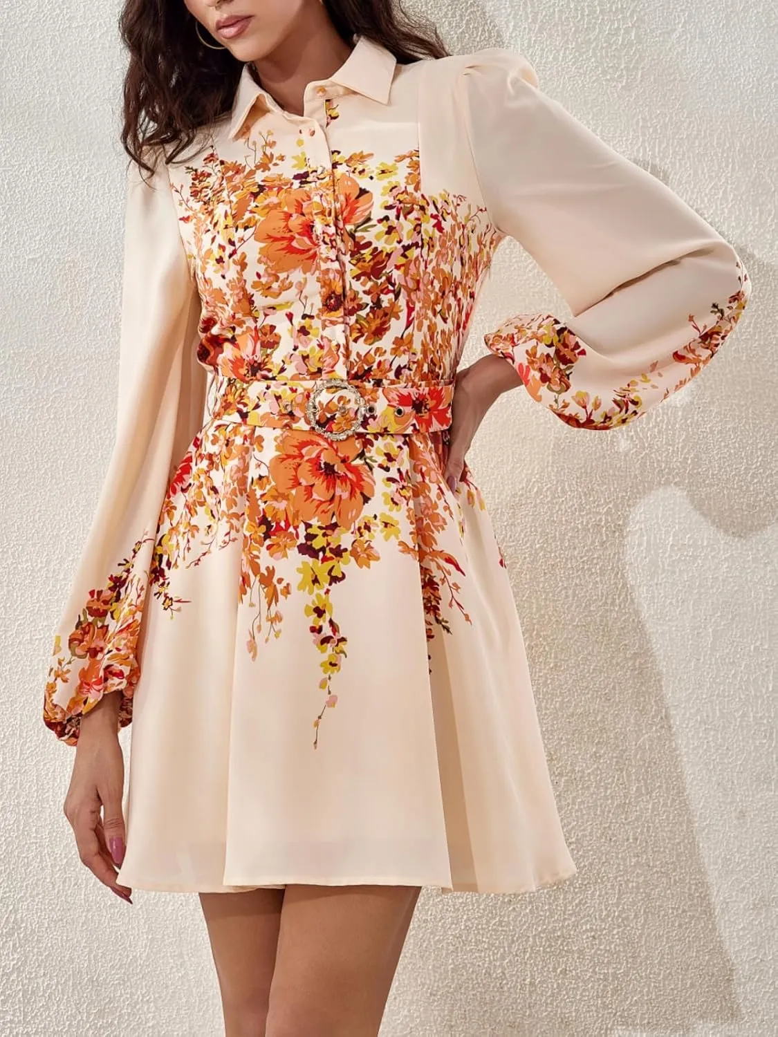Women's Long Sleeve Summer Button Down A-Line Floral Print Cocktail Shirt Dresses with Belt for Work Vocation
