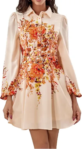 Women's Long Sleeve Summer Button Down A-Line Floral Print Cocktail Shirt Dresses with Belt for Work Vocation