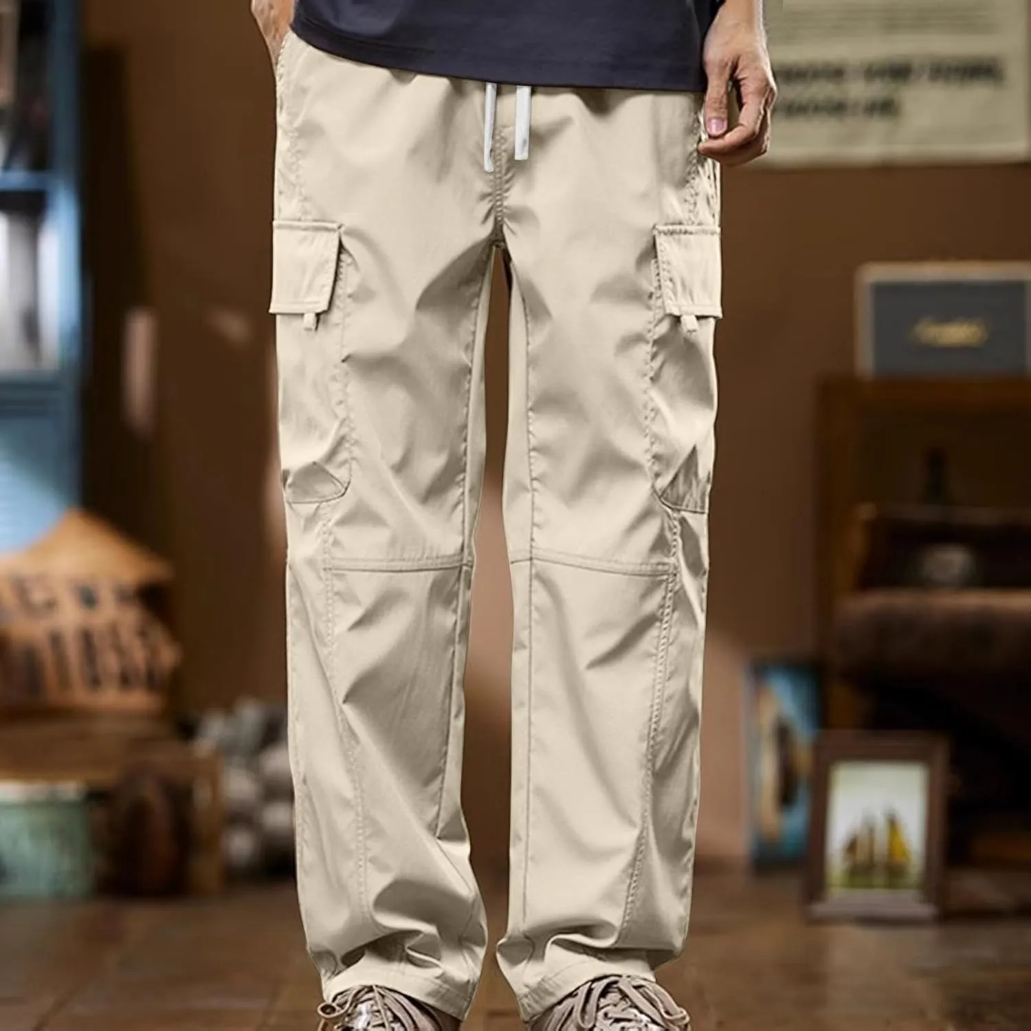 ZEFOTIM Men Cargo Pants Solid Color Wide Leg Stretch Casual Pant Outdoor Breathable Trouser with Pockets
