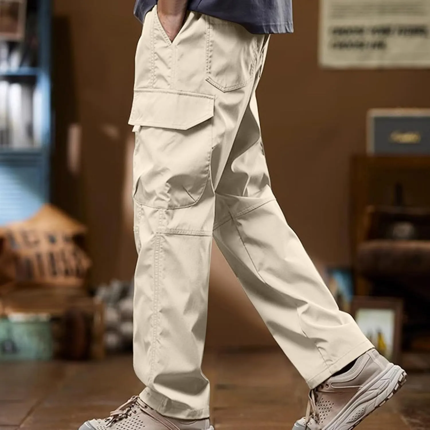 ZEFOTIM Men Cargo Pants Solid Color Wide Leg Stretch Casual Pant Outdoor Breathable Trouser with Pockets