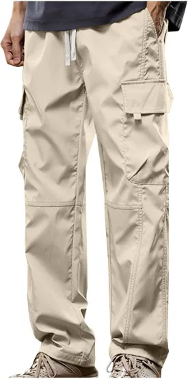 ZEFOTIM Men Cargo Pants Solid Color Wide Leg Stretch Casual Pant Outdoor Breathable Trouser with Pockets