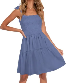 ZESICA Women's 2025 Summer Spaghetti Strap Sleeveless Square Neck Ruffle A Line Swing Mini Dress
